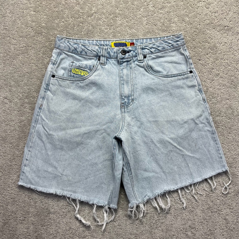 Empyre Shorts Mens 28 Blue Light Wash Denim Embroidered Baggy Cutoff Graffiti